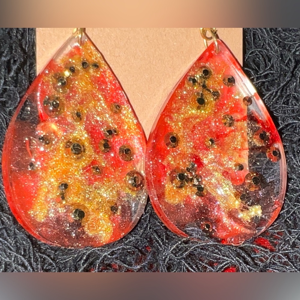 Red and Gold Resin Earrings with Metallic Gold Swarovski Crystals